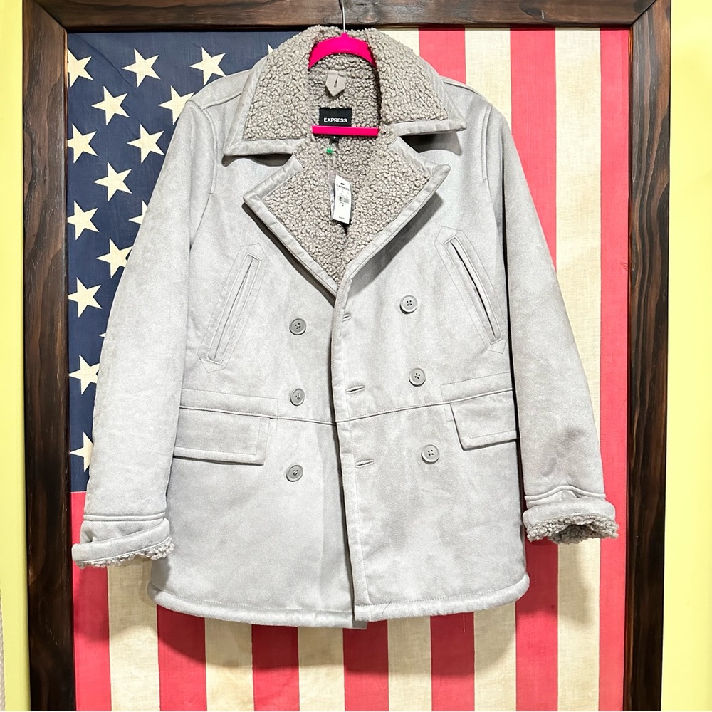NEW EXPRESS $248 GRAY WATER RESISTANT SHERPA LINED PEACOAT JACKET SZ M